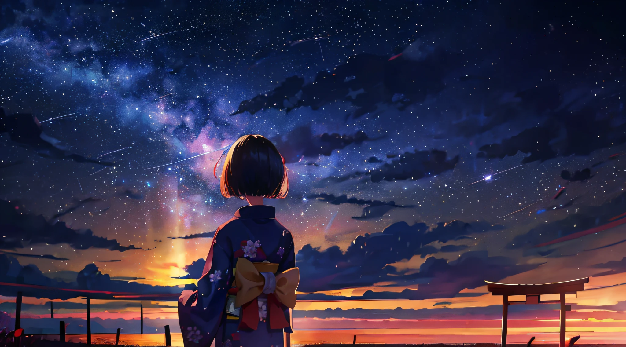 One, distant girl in kimono staring at the stars (reduced: 1.1), (meteor shower: 1.2), (comet: 1.1), your name, low angle, from behind, arrow labrealis shooting star, yukata, red kimono, cherry blossoms, highest quality standing in the field, masterpiece, clouds, colorful, starry sky, stars,