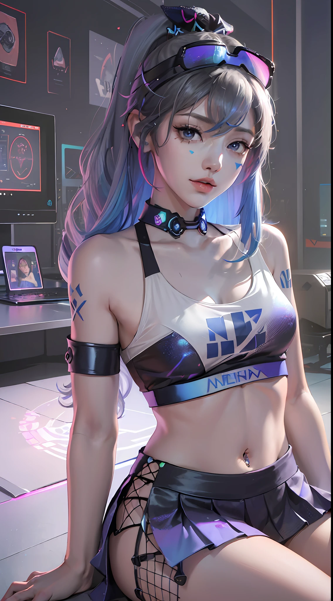 (((((7 avatar shot)))), Silver Wolf, Masterpiece, Best Quality, Ultra Detailed, Extremely Detailed 16k CG Wallpaper, Beautiful Face, (Silver Wolf in Esports Room), (Perfect Beautiful Curved Figure), Seated, Rainbow Color Jewel Eyes, Wearing Resin Hologram Sports Bra, Crop Top Drape, Mini Pleated Skirt, Bell Collar, Logo, Impotence, Contour Light, Concert, Neon Sign, Audio, Bell Collar, Esports Headset, Computer, Esports Room, Play Games, White Interior Through Red Skin, holographic projection, flat sphere, graffiti logo, highly detailed tattoo_,
Authoring information