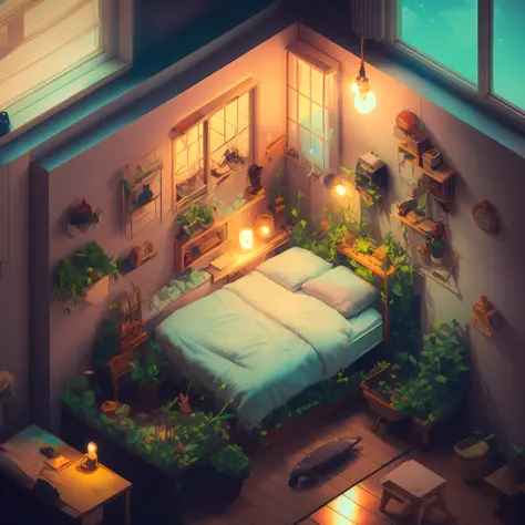 a room with a bed and a desk in it, a low poly render, inspired by Cyril Rolando, pixel art, beautiful isometric garden, underwater in the ocean at night, small and cosy student bedroom, inside a child's bedroom, organic isometric design, portfolio illustr...