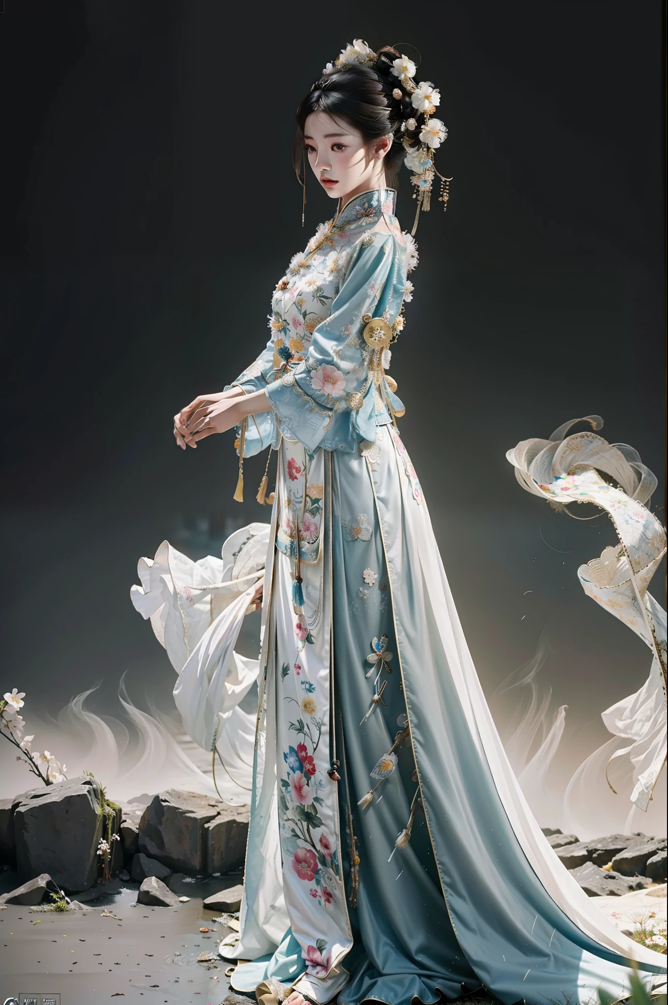 Zhong Fenghua, 1 girl, (full body:1.5) ,solo, hanfu, flower field, blossom, (white smoke:1.3) (realistic:1.4), zen entanglement, mandala, entanglement, official art, unity 8k wallpaper, super detailed, beautiful and beautiful, masterpiece, best quality, (dynamic angle: 1.4), glowing skin, (floating colorful flashes: 1) the most beautiful chaotic forms, elegance, brutalist design, bright colors, romantic depth of field,