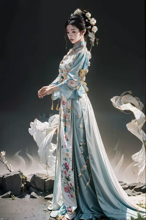 Zhong Fenghua, 1 girl, (full body:1.5) ,solo, hanfu, flower field, blossom, (white smoke:1.3) (realistic:1.4), zen entanglement,...