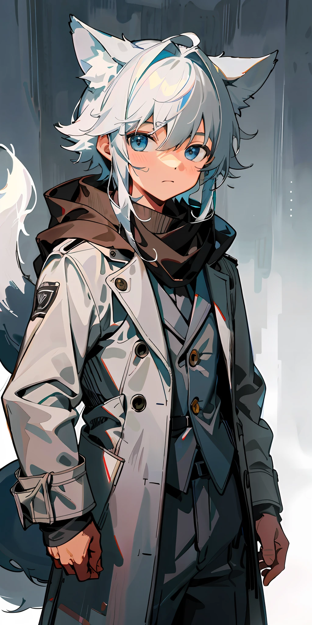 1boy, shota, (HD quality, masterpiece level), fresh and cold teenage characters, wolf ears and wolf tail highlight the character's sense of belonging, blue eyes and dark gray hair echo each other, the clean lines of the white-gray military trench coat show the character's modesty and confidence, brown scarf and black boots are rigid and soft, as if ready to go. The whole picture is simple and atmospheric, and the high and cold temperament is respectful. No background, white screen, slightly toned, HD, masterpiece, white background, dark gray hair, blue eyes, (wolf ears), (wolf tail), slim white-gray military trench coat, no hood, brown scarf, black boots, one tail, little boy, covering ears, hair covering ears, face to camera