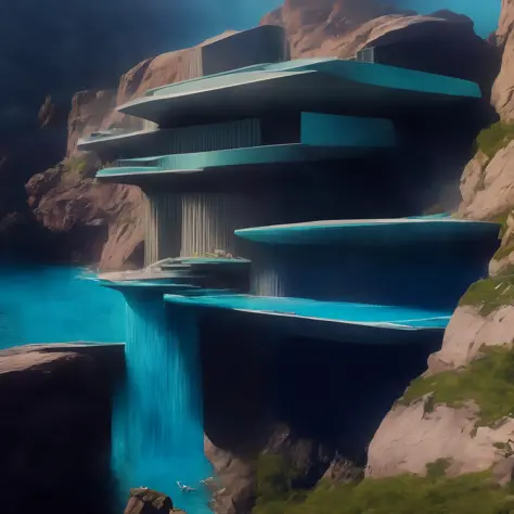 a modern futuristic design large cliff house's with a artificial waterfall and a pool in the middle, nature meets architecture, ...