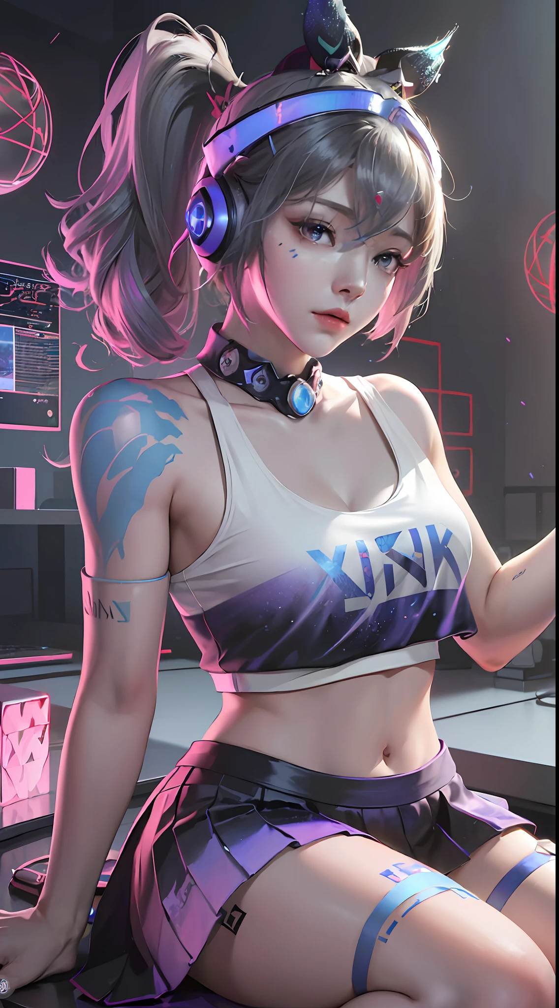 (((((7 avatar shot)))), Silver Wolf, Masterpiece, Best Quality, Ultra Detailed, Extremely Detailed 16k CG Wallpaper, Beautiful Face, (Silver Wolf in Esports Room), (Perfect Beautiful Curved Figure), Seated, Rainbow Color Jewel Eyes, Wearing Resin Hologram Sports Bra, Crop Top Drape, Mini Pleated Skirt, Bell Collar, Logo, Impotence, Contour Light, Concert, Neon Sign, Audio, Bell Collar, Esports Headset, Computer, Esports Room, Play Games, White Interior Through Red Skin, holographic projection, flat sphere, graffiti logo, highly detailed tattoo_,
Authoring information