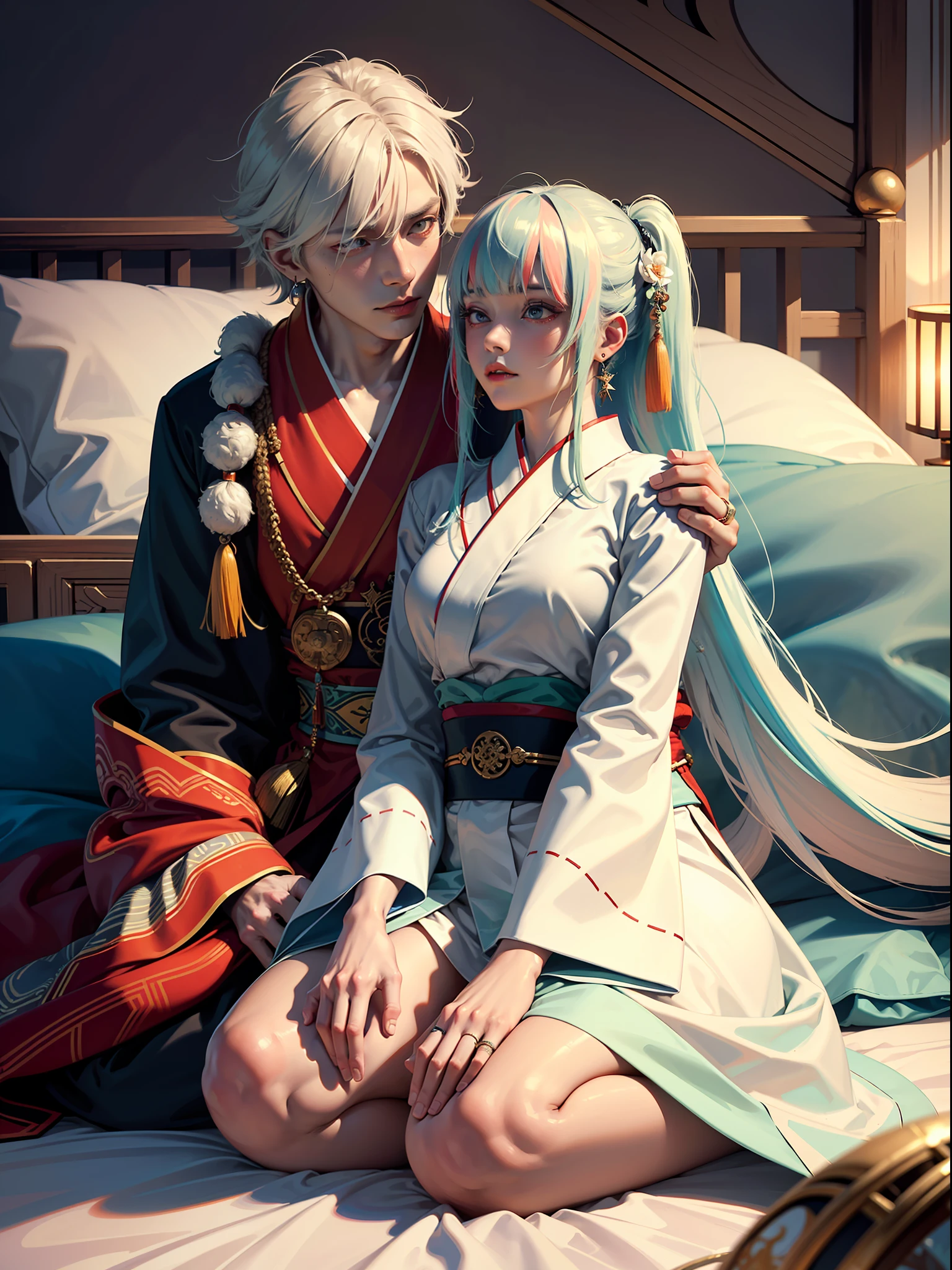 Concept Art, "1 Couple, Male Focus, Fin Ears, Multicolored Hair, Handsome Boy, Long White Hair, Tassels, Bangs, Carp, Colorful, Bold Colors, White Kimono, (Open) Kimono, Traditional Chinese Clothing, Close-up, Intimate Interaction in Bed, Stud Earrings, Rings, Sweat, Illuminate People", Colorful, Master Composition, Focus on Key Figures, Realism, Masterpiece, Award-Standing, Best Quality, Masterpiece, Ultra Detailed, 8K, Extremely Detailed CG Unity 8k wallpaper, complex, highly detailedrealistic