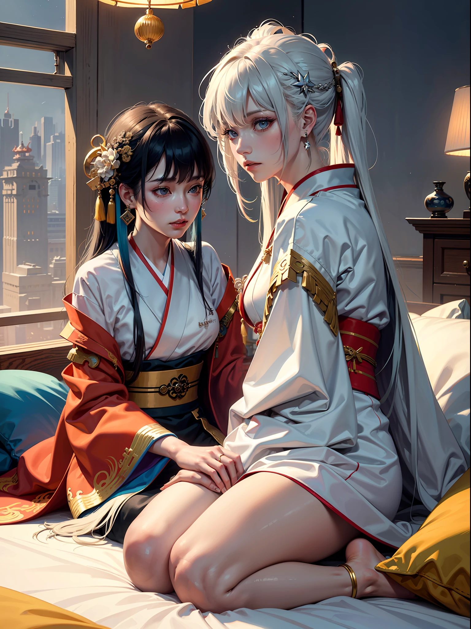 Concept Art, "1 Couple, Male Focus, Fin Ears, Multicolored Hair, Handsome Boy, Long White Hair, Tassels, Bangs, Carp, Colorful, Bold Colors, White Kimono, (Open) Kimono, Traditional Chinese Clothing, Close-up, Intimate Interaction in Bed, Stud Earrings, Rings, Sweat, Illuminate People", Colorful, Master Composition, Focus on Key Figures, Realism, Masterpiece, Award-Standing, Best Quality, Masterpiece, Ultra Detailed, 8K, Extremely Detailed CG Unity 8k wallpaper, complex, highly detailedrealistic