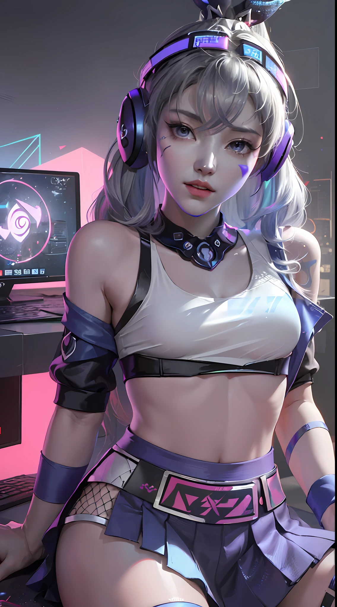 (((((7 avatar shot)))), Silver Wolf, Masterpiece, Best Quality, Ultra Detailed, Extremely Detailed 16k CG Wallpaper, Beautiful Face, (Silver Wolf in Esports Room), (Perfect Beautiful Curved Figure), Seated, Rainbow Color Jewel Eyes, Wearing Resin Hologram Sports Bra, Crop Top Drape, Mini Pleated Skirt, Bell Collar, Logo, Impotence, Contour Light, Concert, Neon Sign, Audio, Bell Collar, Esports Headset, Computer, Esports Room, Play Games, White Interior Through Red Skin, holographic projection, flat sphere, graffiti logo, highly detailed tattoo_,
Authoring information