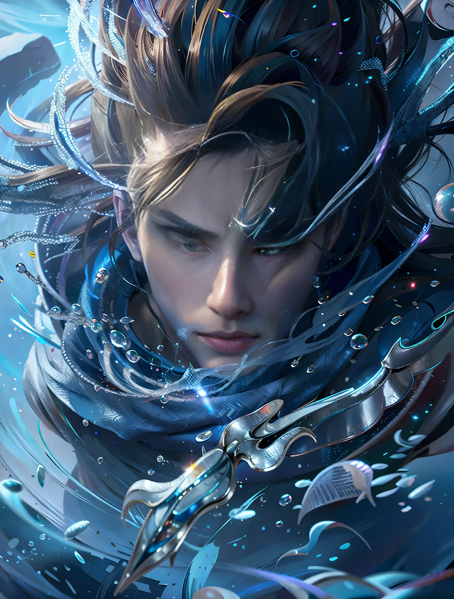 Anime characters in flames with blue scarf and blue jacket, Caradin Storm Blessing, Silas, graphic artist Magali Villeneuve, Artgerm and Atey Ghailan, close-up fantasy with fire magic, stunning digital illustration by Yang J, neoartcore and Charlie Beauvot, beautiful digital artwork, epic digital art illustration