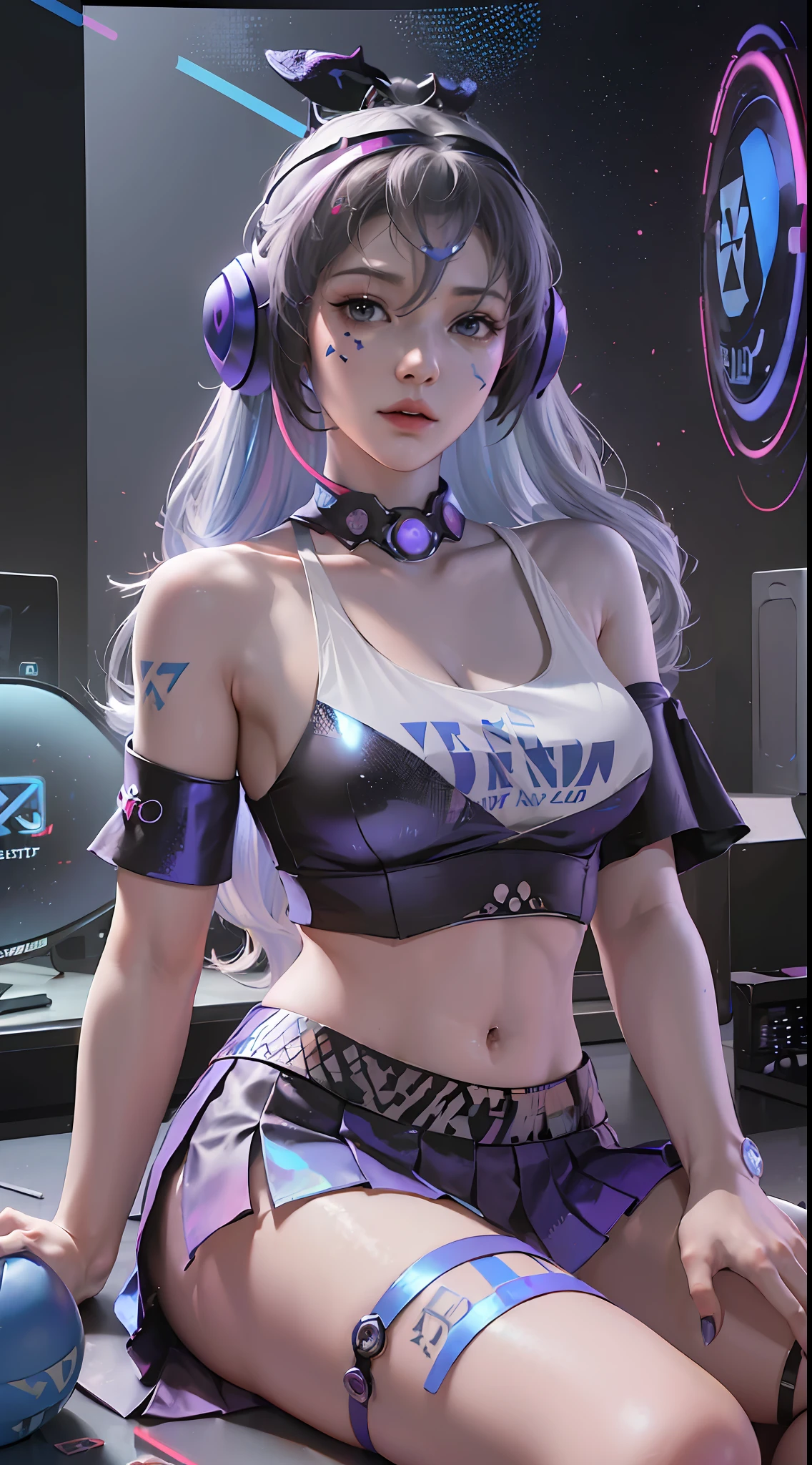 (((((7 avatar shot)))), Silver Wolf, Masterpiece, Best Quality, Ultra Detailed, Extremely Detailed 16k CG Wallpaper, Beautiful Face, (Silver Wolf in Esports Room), (Perfect Beautiful Curved Figure), Seated, Rainbow Color Jewel Eyes, Wearing Resin Hologram Sports Bra, Crop Top Drape, Mini Pleated Skirt, Bell Collar, Logo, Impotence, Contour Light, Concert, Neon Sign, Audio, Bell Collar, Esports Headset, Computer, Esports Room, Play Games, White Interior Through Red Skin, holographic projection, flat sphere, graffiti logo, highly detailed tattoo_,
Authoring information