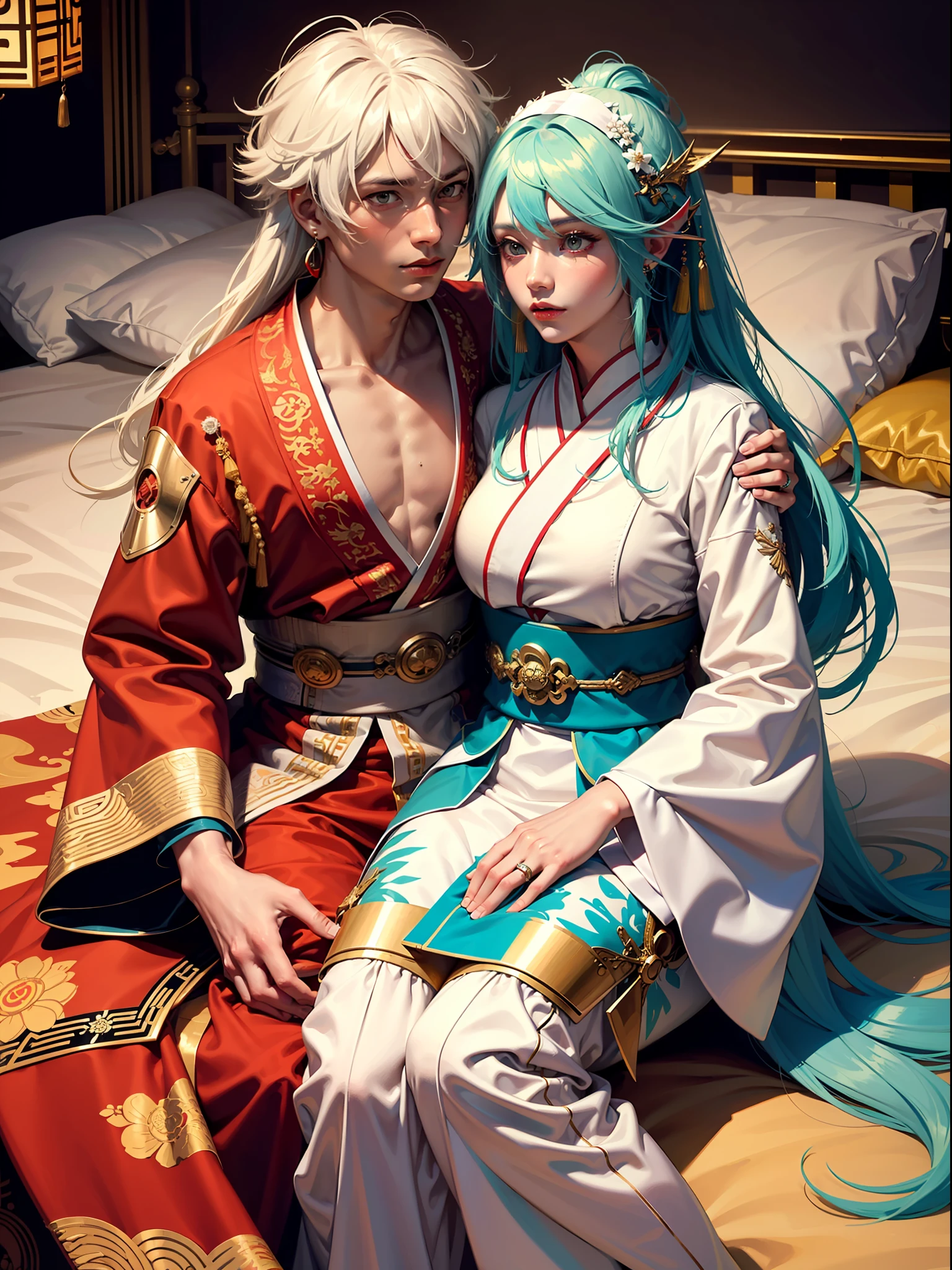 Concept Art, "1 Couple, Male Focus, Fin Ears, Multicolored Hair, Handsome Boy, Long White Hair, Tassels, Bangs, Carp, Colorful, Bold Colors, White Kimono, (Open) Kimono, Traditional Chinese Clothing, Close-up, Intimate Interaction in Bed, Stud Earrings, Rings, Sweat, Illuminate People", Colorful, Master Composition, Focus on Key Figures, Realism, Masterpiece, Award-Standing, Best Quality, Masterpiece, Ultra Detailed, 8K, Extremely Detailed CG Unity 8k wallpaper, complex, highly detailedrealistic