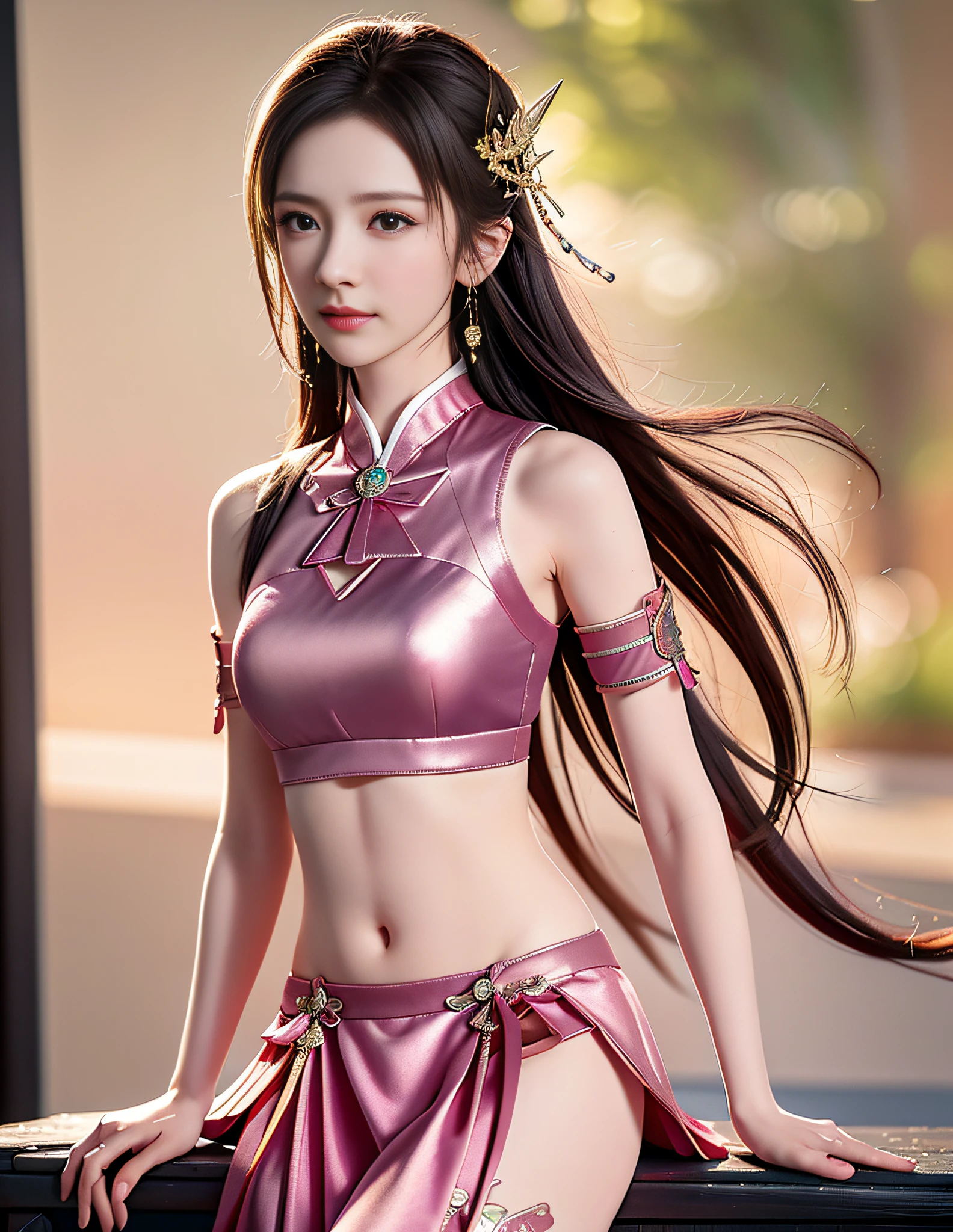 best quality, masterpiece, high resolution, 1girl, battlefield background, pink ancient chinese metal armor, metal collar, ancient sword, hair ornament, necklace, jewelry, beautiful face, small head,upon_body, tyndall effect, realistic, edge lighting, two-tone lighting, (high detail skin:1.2), 8k ultra hd, DSLR, soft lighting, high quality, volumetric lighting, frank, photos, high resolution, 4k, 8k, bokeh, pink metal bikini skinny armor, ancient sword, Glow, chest embroidery, metal cuirass, skinny, exposed abdomen, weapons, short bracers, stockings, lace, riding horse