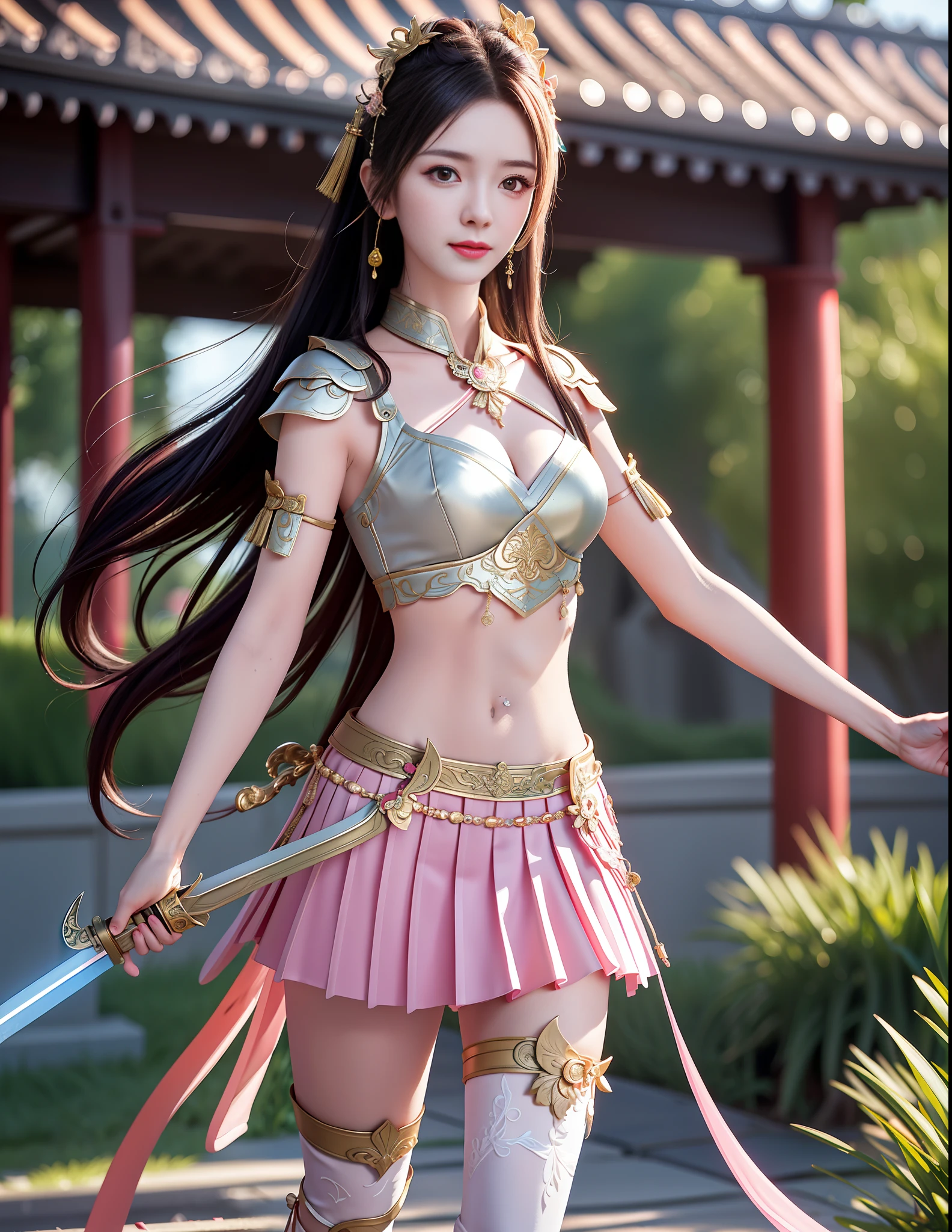 best quality, masterpiece, high resolution, 1girl, battlefield background, pink ancient chinese metal armor, metal collar, ancient sword, hair ornament, necklace, jewelry, beautiful face, small head,upon_body, tyndall effect, realistic, edge lighting, two-tone lighting, (high detail skin:1.2), 8k ultra hd, DSLR, soft lighting, high quality, volumetric lighting, frank, photos, high resolution, 4k, 8k, bokeh, pink metal bikini skinny armor, ancient sword, Glow, chest embroidery, metal cuirass, skinny, exposed abdomen, weapons, short bracers, stockings, lace, riding horse