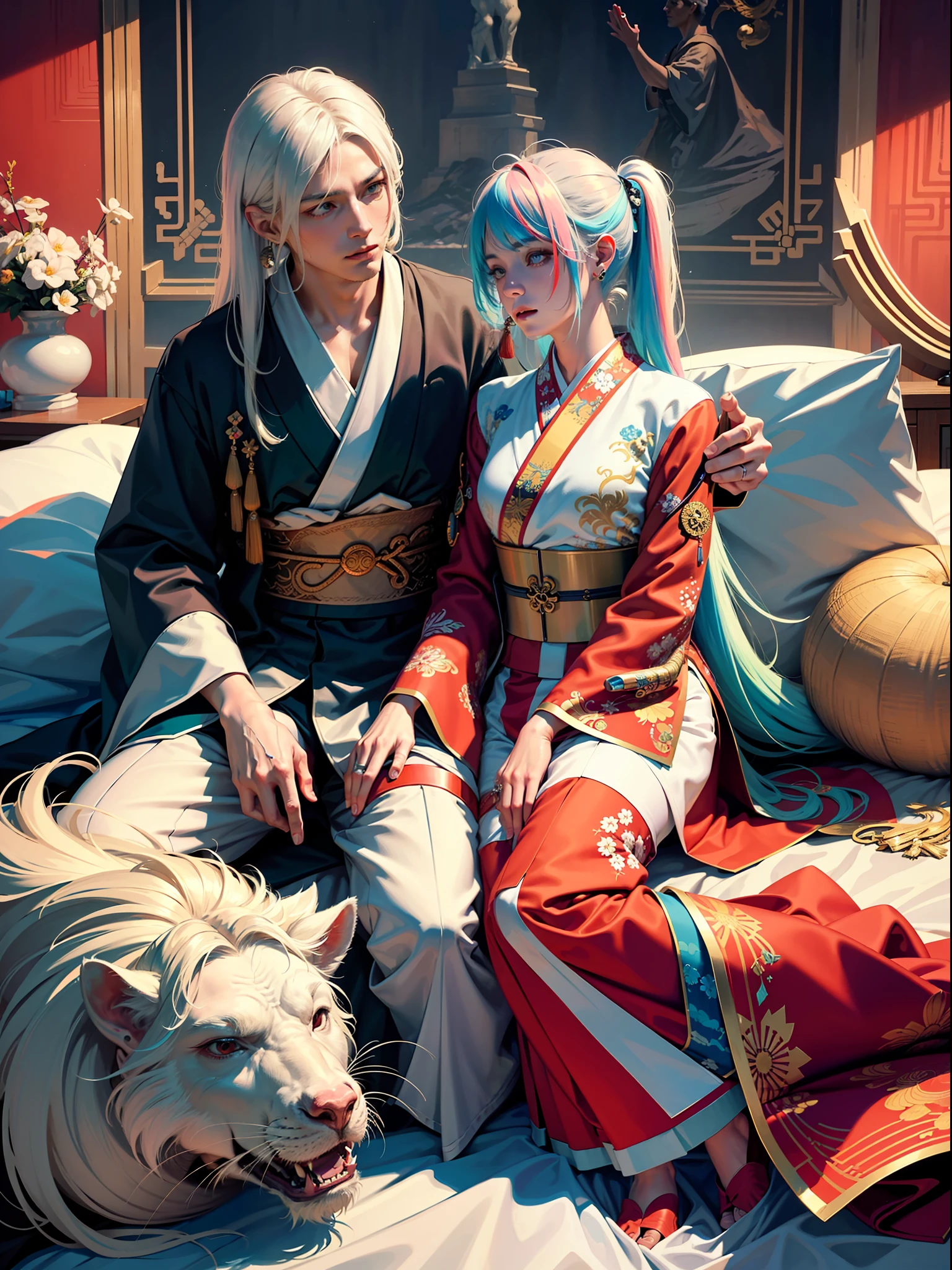 Concept Art, "1 Couple, Male Focus, Fin Ears, Multicolored Hair, Handsome Boy, Long White Hair, Tassels, Bangs, Carp, Colorful, Bold Colors, White Kimono, (Open) Kimono, Traditional Chinese Clothing, Close-up, Intimate Interaction in Bed, Stud Earrings, Rings, Sweat, Illuminate People", Colorful, Master Composition, Focus on Key Figures, Realism, Masterpiece, Award-Standing, Best Quality, Masterpiece, Ultra Detailed, 8K, Extremely Detailed CG Unity 8k wallpaper, complex, highly detailedrealistic