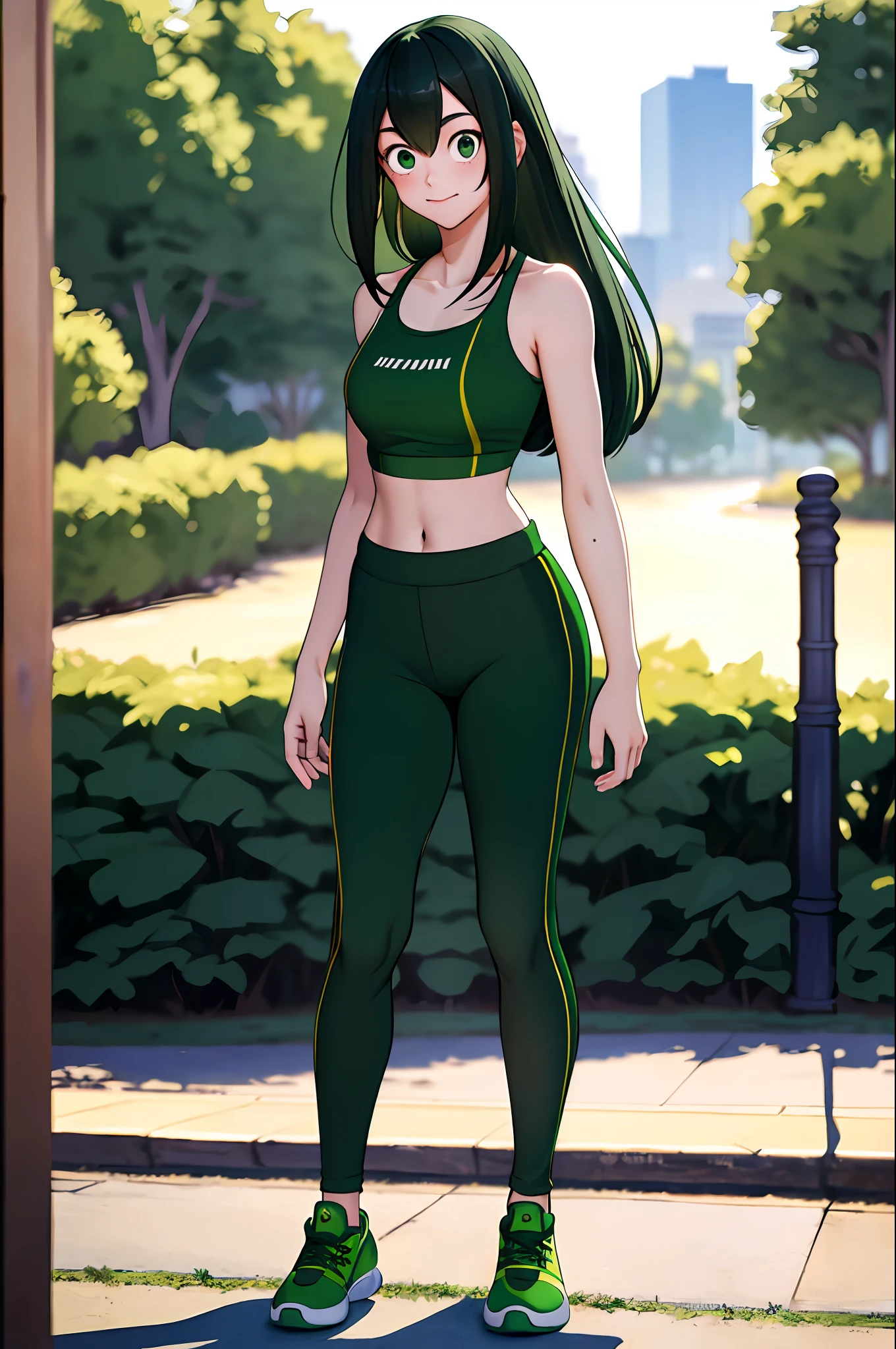 (masterpiece, best quality;1.3), extremely detailed ,ultra detailed, 1girl, solo,  looking at viewer,detailed skin, full body, standing,
asui tsuyu, low-tied long hair, :p, green sports bra, hair rings,black jogging shirts, city, green sneakers shoes