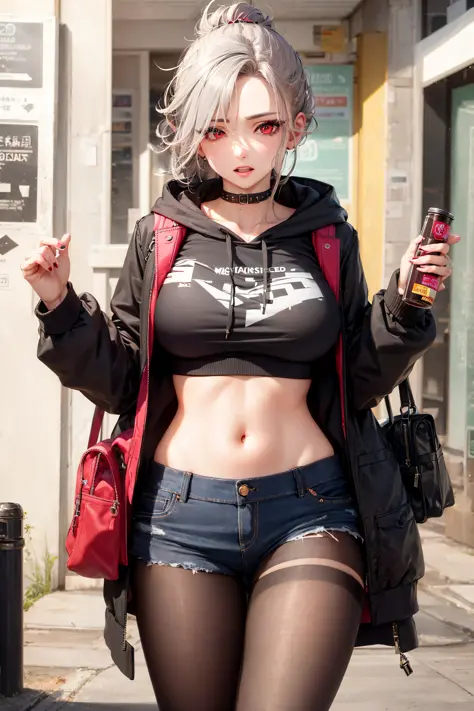 ash grey hair, updo hairstyle, streaks of hair in face, red eyes, mascara, oversized hoodie, midriff, hot pants, tights, bags un...