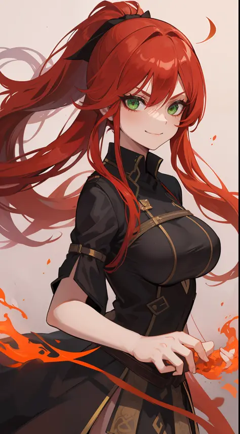 1mature girl, red long flowing hair ponytails, green eyes, emitting fire from her hands, wearing a witch girl uniform and medium...