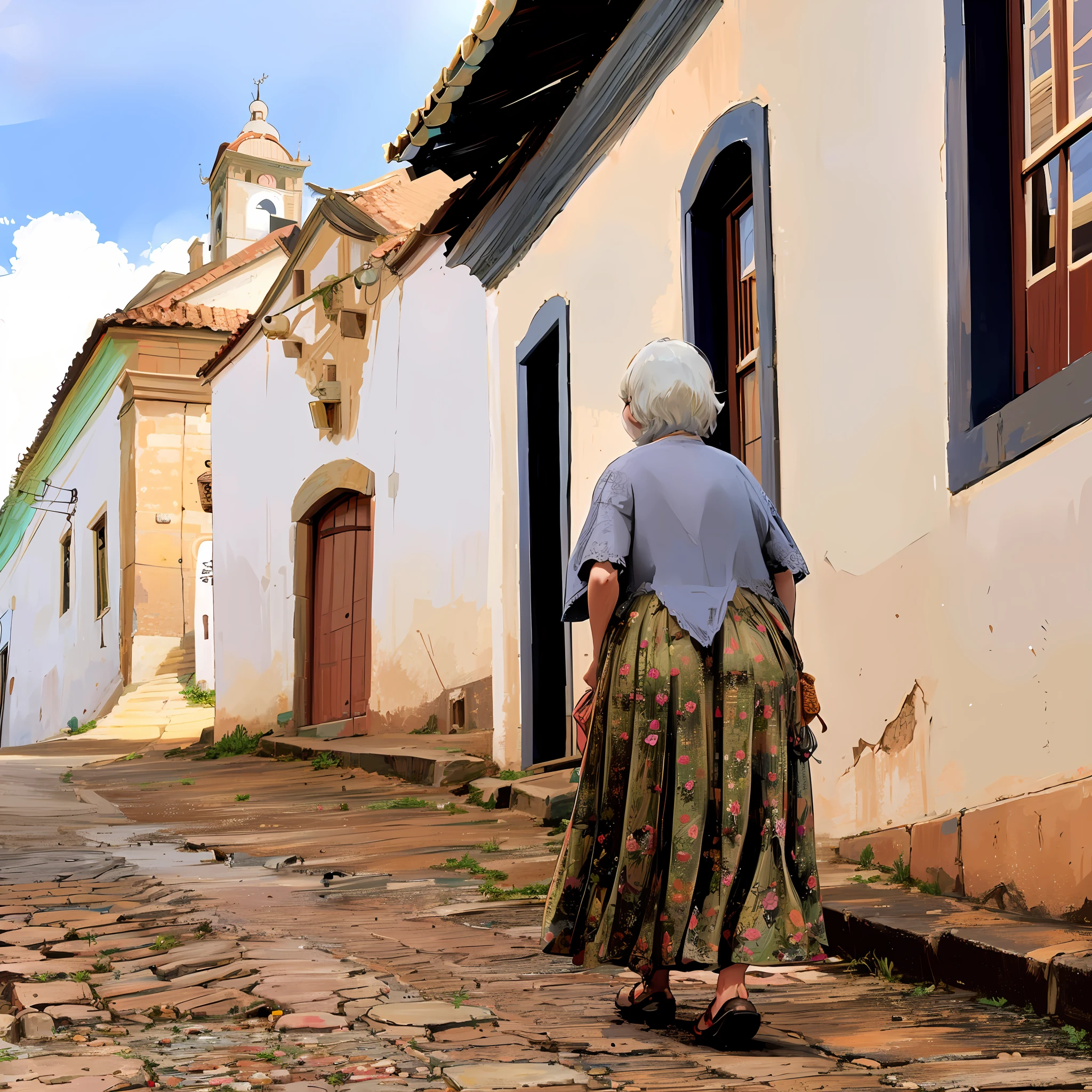 there is a woman walking down a cobblestone street with a clock tower in the background, ancient city streets behind her, old woman, by Joze Ciuha, old lady, by Fernando Gerassi, an old lady, streets of salvador, old village, a woman walking, in a village street, colonial era street, by Osvaldo Romberg, an elderly