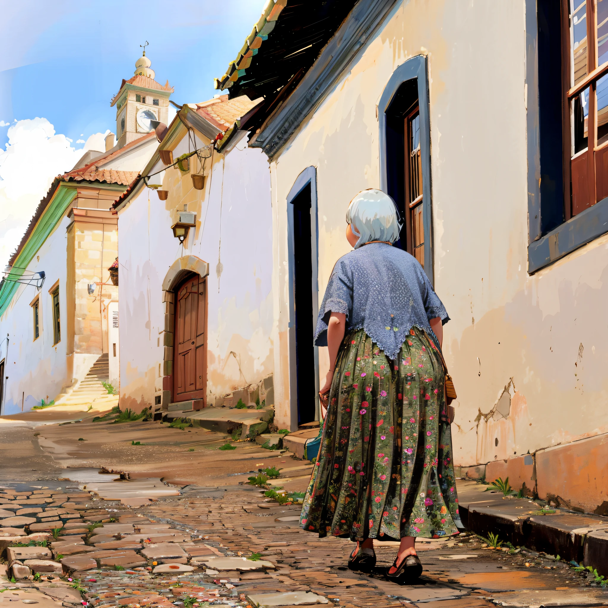 there is a woman walking down a cobblestone street with a clock tower in the background, ancient city streets behind her, old woman, by Joze Ciuha, old lady, by Fernando Gerassi, an old lady, streets of salvador, old village, a woman walking, in a village street, colonial era street, by Osvaldo Romberg, an elderly --auto --s2