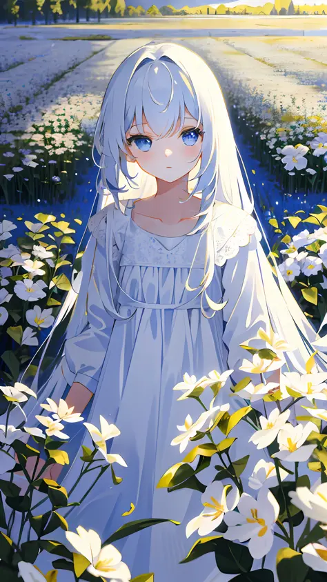 Masterpiece, best quality, a girl with long hair, soft white clothes, alone in a never-ending flower field