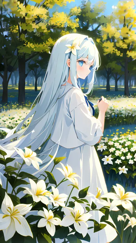 Masterpiece, best quality, a girl with long hair, soft white clothes, alone in a never-ending flower field