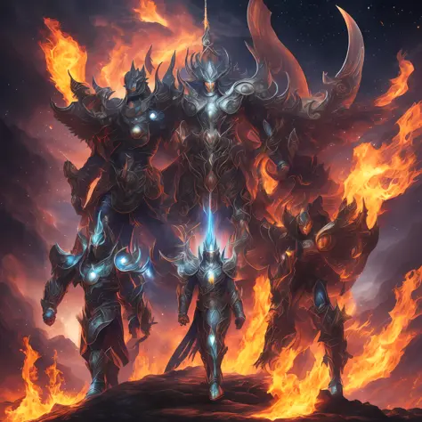 an ai-generated image of a cosmic god battling a dark demon. the god is depicted with a shining armor and a flaming sword, while...