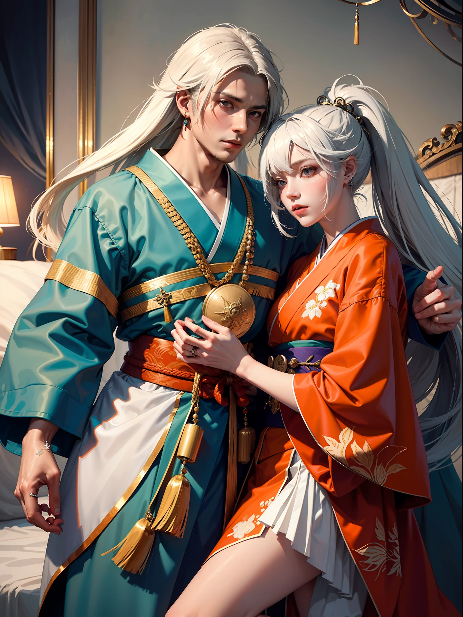 Concept Art, "1 Couple, Male Focus, Fin Ears, Multicolored Hair, Handsome Boy, Long White Hair, Tassels, Bangs, Carp, Colorful, Bold Colors, White Kimono, (Open) Kimono, Traditional Chinese Clothing, Close-up, Intimate Interaction in Bed, Stud Earrings, Rings, Sweat, Illuminate People", Colorful, Master Composition, Focus on Key Figures, Realism, Masterpiece, Award-Standing, Best Quality, Masterpiece, Ultra Detailed, 8K, Extremely Detailed CG Unity 8k wallpaper, complex, highly detailedrealistic