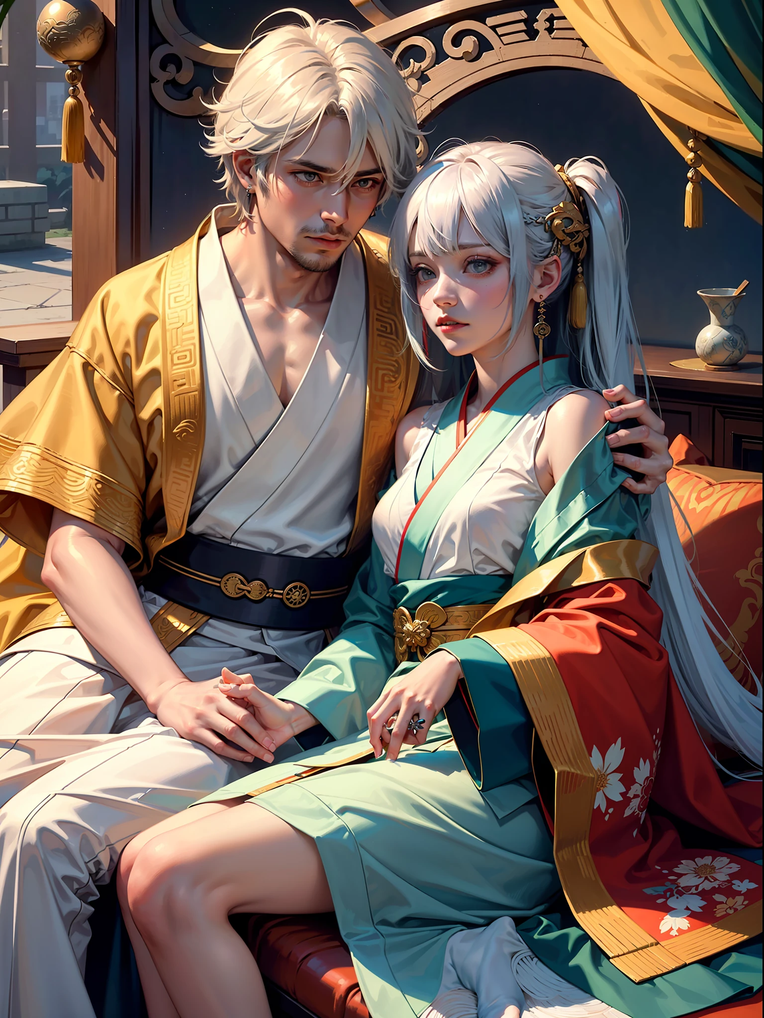 Concept Art, "1 Couple, Male Focus, Fin Ears, Multicolored Hair, Handsome Boy, Long White Hair, Tassels, Bangs, Carp, Colorful, Bold Colors, White Kimono, (Open) Kimono, Traditional Chinese Clothing, Close-up, Intimate Interaction in Bed, Stud Earrings, Rings, Sweat, Illuminate People", Colorful, Master Composition, Focus on Key Figures, Realism, Masterpiece, Award-Standing, Best Quality, Masterpiece, Ultra Detailed, 8K, Extremely Detailed CG Unity 8k wallpaper, complex, highly detailedrealistic