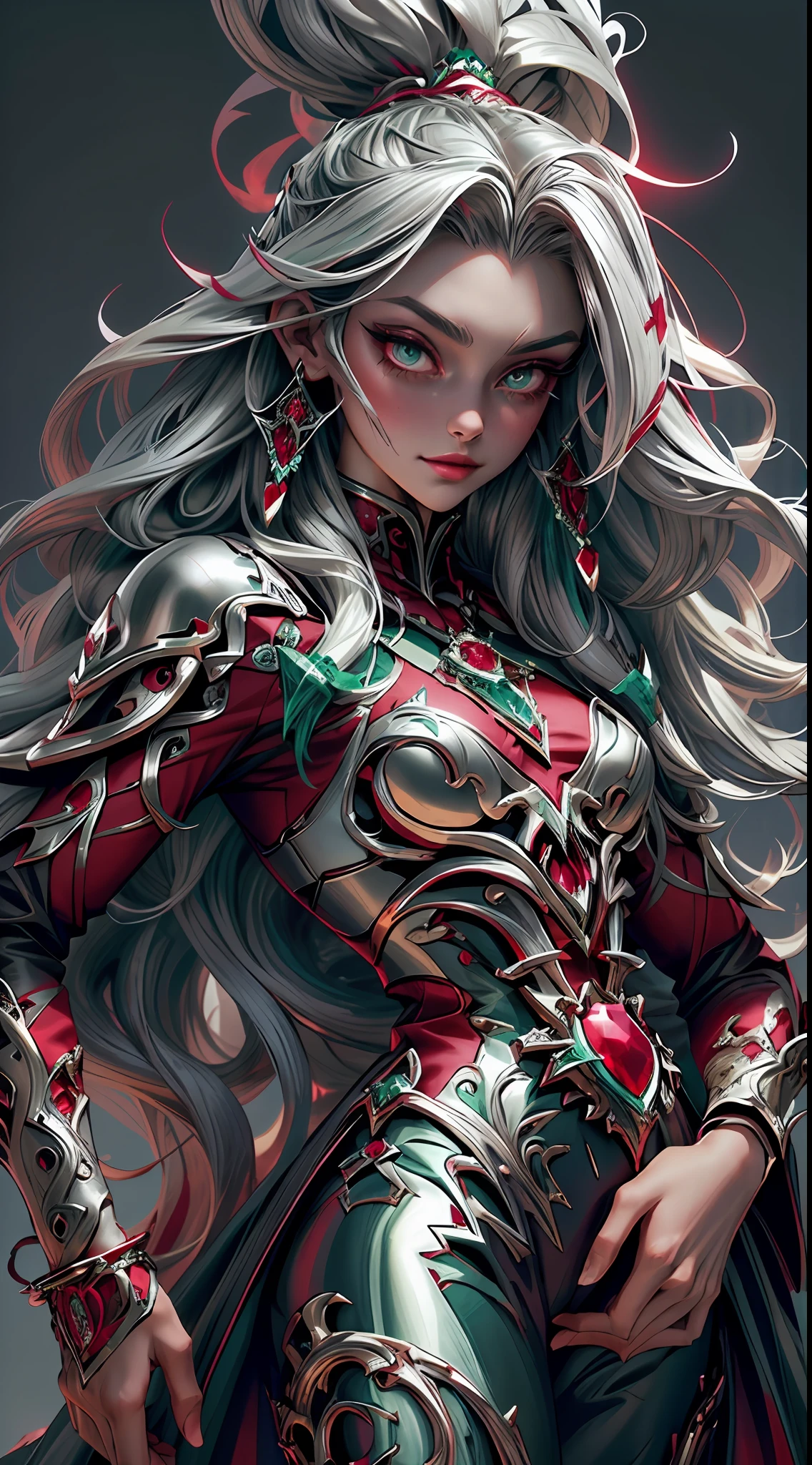 (masterpiece:1.4, best quality), (((emerald color))), ruby color, silver color, (intricate details), unity 8k wallpaper, ultra detailed, (a fantasy vampire girl),illustration, full body, ethereal figure, otherworldly subjects, (style of Alex Konstad:1.3), vivid hues, vamptech, blood, vampiric, (alluring dress), (medival:1.1), (bold use of colors:1.1), wavy hair, very extra long hair, (ruby), (((emerald)))), (silver), intricate patterns, fusion of traditional and digital techniques, (castle:1.2),