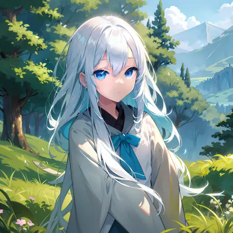 anime girl with blue eyes and white hair in a field, digital anime illustration, detailed digital anime art, anime style 4 k, wh...