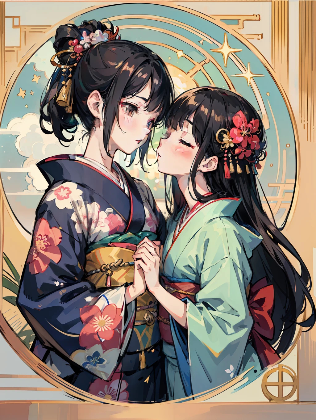 master-piece,hyper quality, hyper detailed,perfect drawing,two beautiful girls, lovers, dodging kisses, closing eyes, kimono beauty, kimono, kimono, kimono, black hair, japanese hair, half-open lips, sucking lips strongly, drooling, elegant, brilliant, beautiful, blush (0.2), gorgeous, beautiful, gorgeous, gentle, starry sky, milky way, summer triangle, Tanabata and bamboo ornaments, precise drawings, detailed drawings,