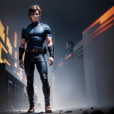 a man with medium brown hair, villain, blue eyes, dark clothes, short sleeve shirt, black pants, military boots, detailed hand, ...