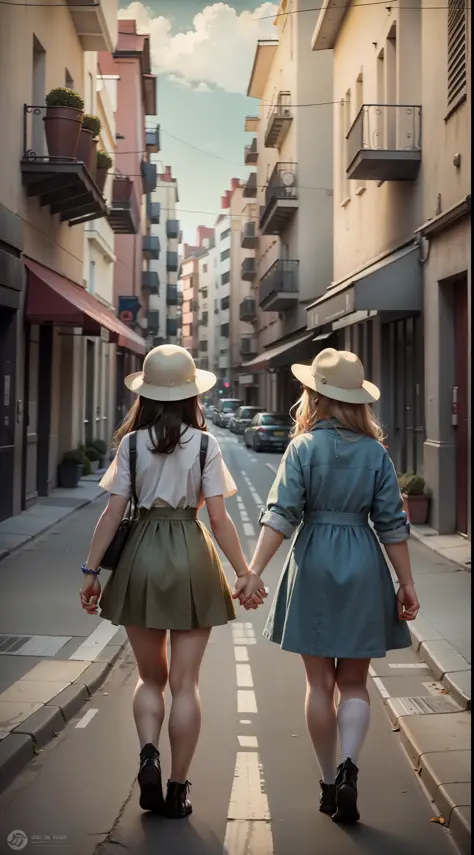 girls holding hands walking down the street