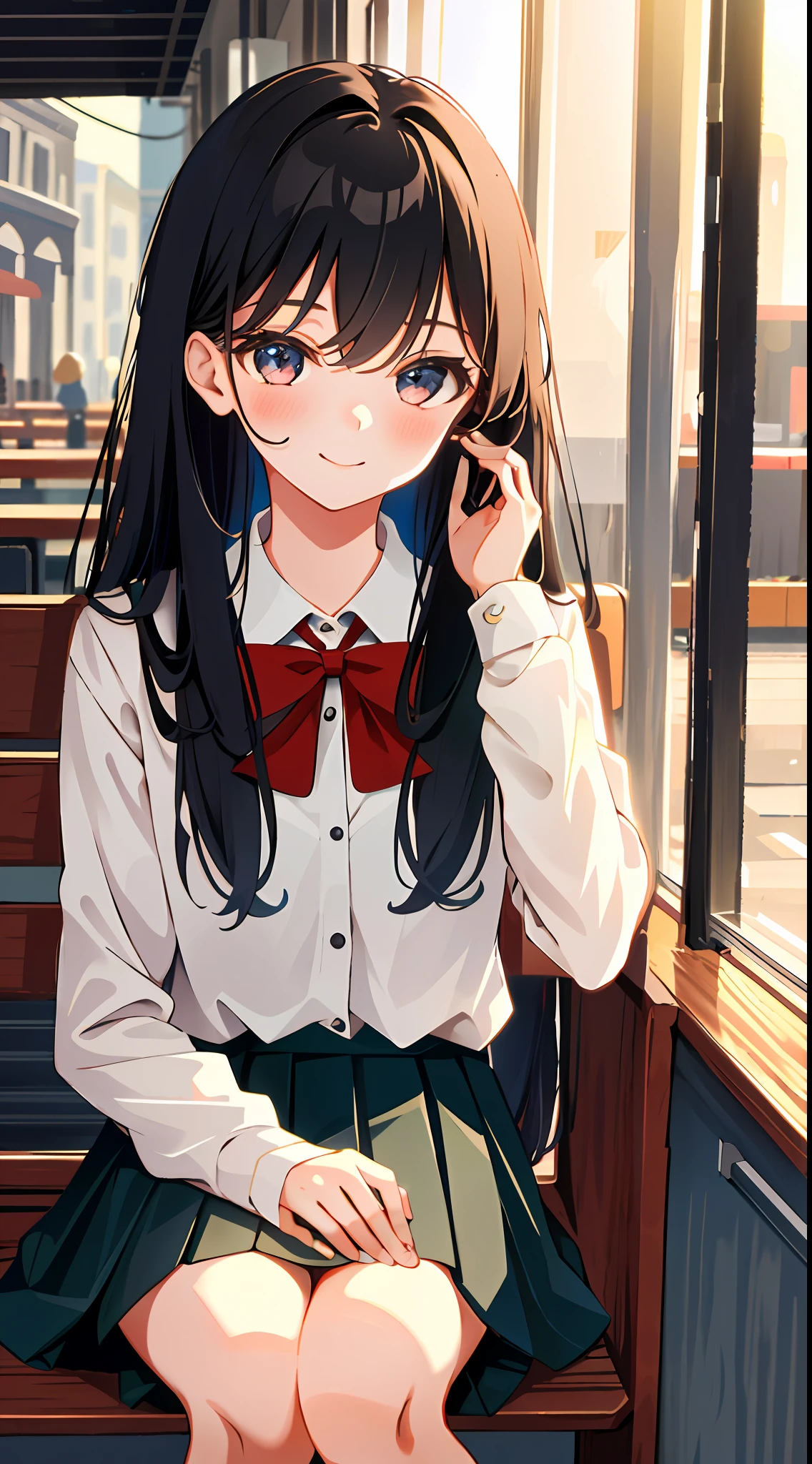 8K, Best Quality, Masterpiece: 1.2) , Super Detail, 1 Girl, Cute, Indie, Beautiful Details Sky, Detail Cafe, Evening, Sit Down, Dating, (Nose Red) , Sweet Smile, (Smile: 1.15) , (Shut Up) Small , Small Beautiful Detail Eyes , Night, Wet, School Uniform, Long Hair, Flowing Hair,