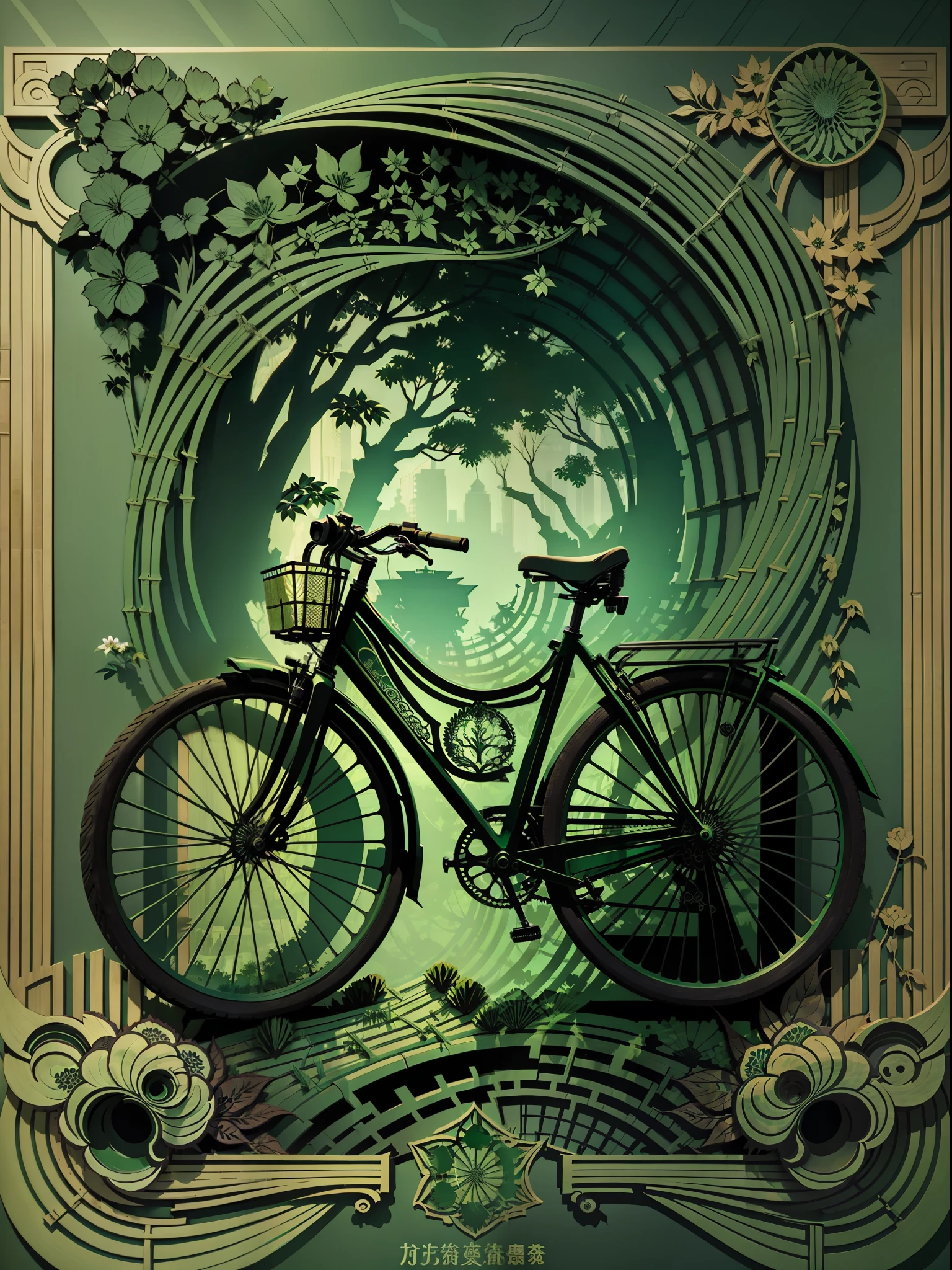 Cartel de viaje verde, trabajos de corte de papel, urban and environmental theme trabajos de corte de papel, verde, bambú, Diseño calado, bicicleta, Luz y sombra, 3d