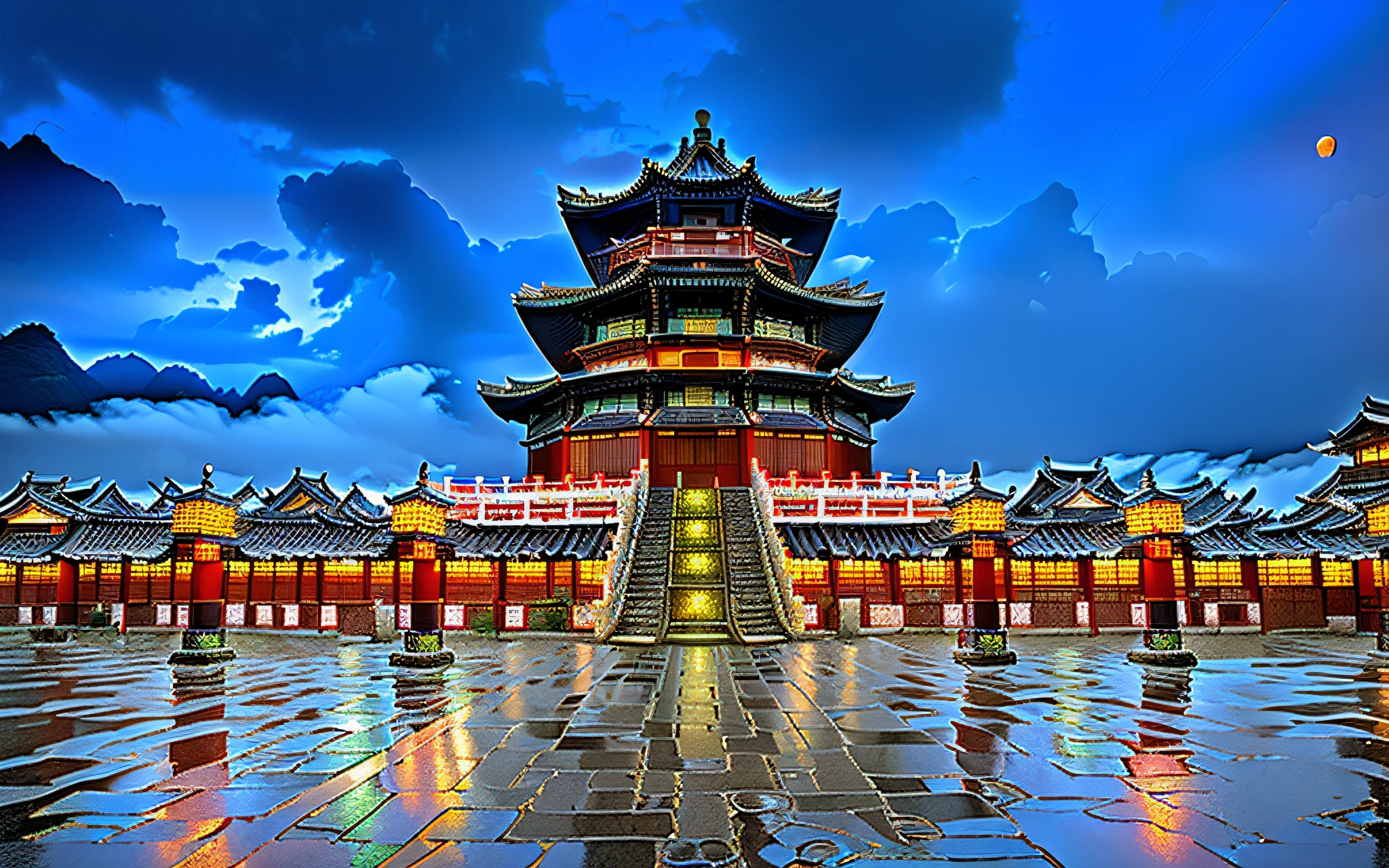 Lots of lights on the building, fantastic Chinese town, Chinese village, amazing wallpapers, japanese town, japanese village, surreal photo of a small town, old asian village, japanese city, Raymond Han, rainy night, cyberpunk ancient Chinese castle, beautifully lit architecture, evening in the rain, beautiful and aesthetic, photography, movie, 8k, high detail ((heavy rain)))