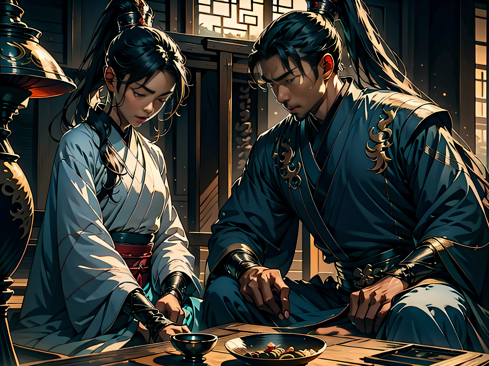 A man and a woman, sitting at a wooden table, face to face, face to face, drinking tea, in the background is an inn. The clothing is simple, high-definition, 8K picture quality, depicting delicate, delicate, beautiful face, Chinese style, ancient style