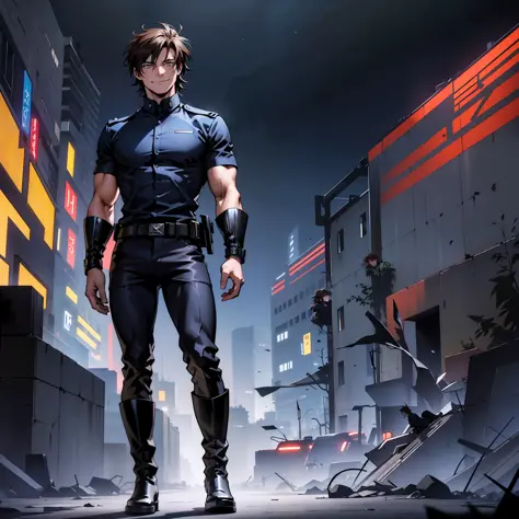 a man with medium brown hair, villain, blue eyes, dark clothes, short sleeve shirt, black pants, military boots, detailed hand, ...