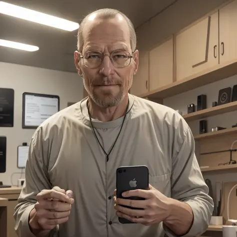 Steven Poul Jobs holding a cell phone in his hand, glasses, beard, Apple, Apple Phone, iPhone, Apple Cell Phone, confident smile...
