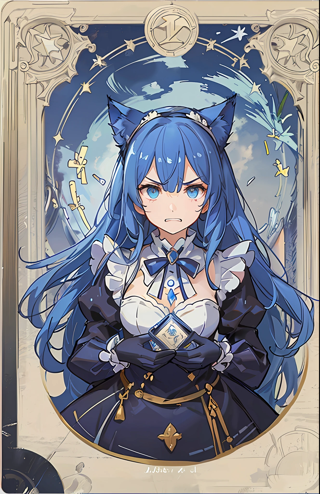 Masterpiece, Best Quality, Ultra Detailed, Magic Battle, Magic, Spell, Maid, Long Blue Hair, Angry, Tarot Cards, Card Face, Seal, Cat Ears