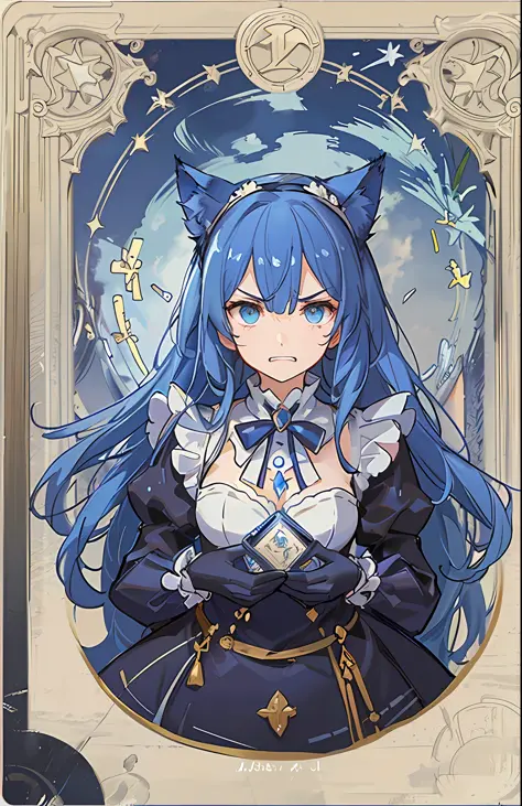 masterpiece, best quality, ultra detailed, magic battle, magic, spell, maid, long blue hair, angry, tarot cards, card face, seal...