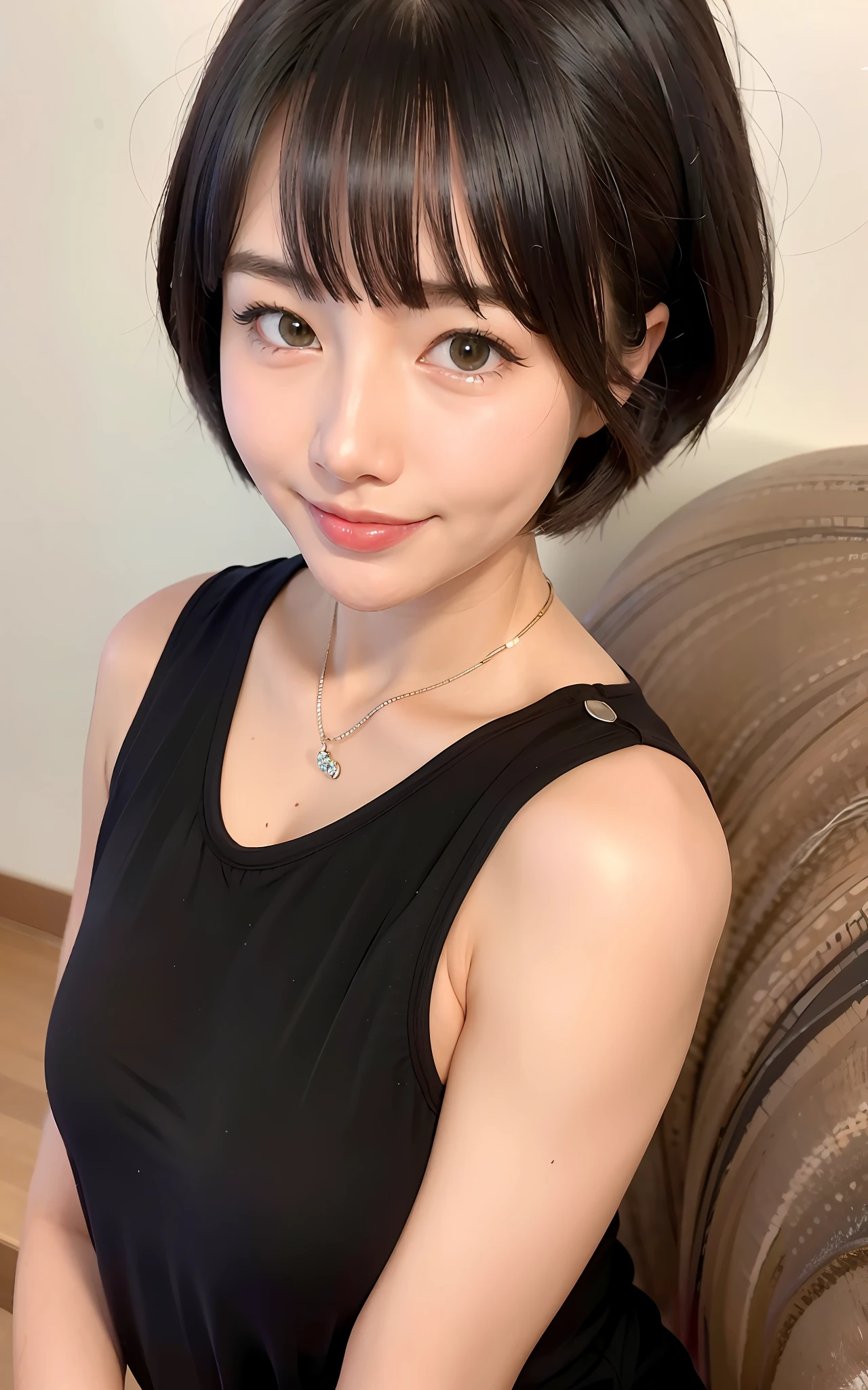 (Photorealistic: 1.4), masterpiece, ultra high resolution, RAW photos, highest quality, (open smile: 4.0), (big smile: 2.5), (white teeth: 2.0), (sexy: 1.4), raw photo, Japan beautiful wife 1, 25 years old, pure white skin, (cute: 3.0), (eyes with the corners of the eyes down: 2.0), (large and round eyes: 3.0), (moisturized eyes: 3.0), ( Upper eye looking at the camera: 3.0), (figure eight eyebrows: 2.0), blush, slender, (brown short hair: 1.2), bangs, revealing chest, lace bra,