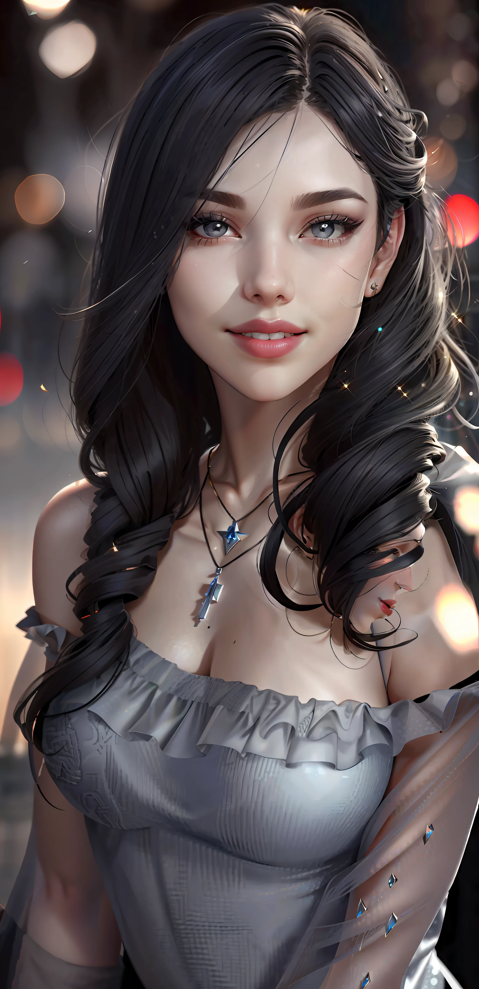 Best quality, masterpiece, high_res, girl, hair decoration, necklace, jewelry, beautiful detailed face, gray eyes, red full lips, big smile, face makeup, black hair, 
Short Hair, International Fashion, High Wear, Full Body Cover, Tight Dress, Full Body Detailed, Europe Effect, Multiplicity, Realistic Photos, Edge Lighting, Two-Tone Lighting, (High Detail Skin: 1.2), 8K UHD, DSLR, Soft Lighting, High Quality, Volumetric Lighting, Candid, Photography, High Resolution, 4K, 8K, Bokeh, Ridiculous,