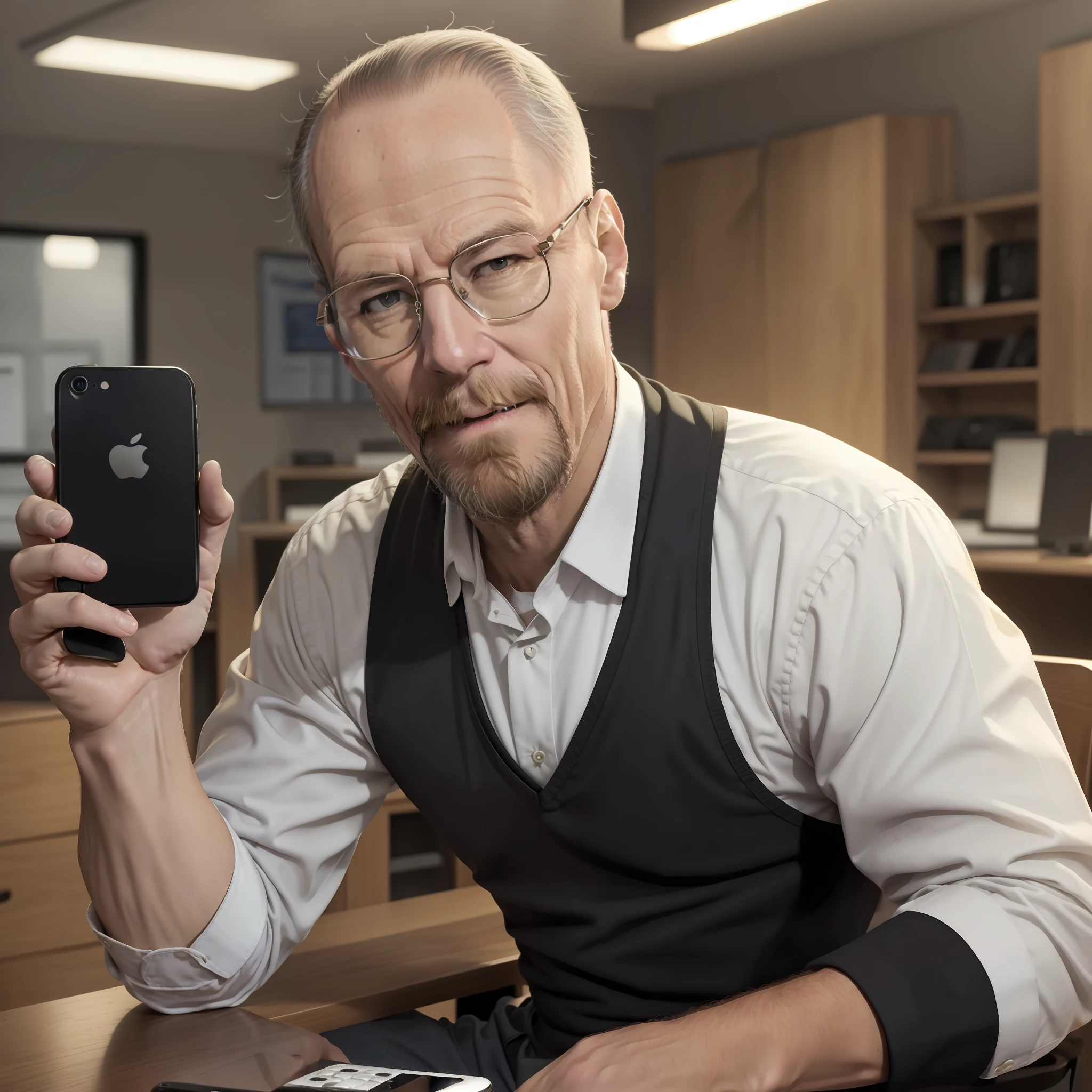 Steven Poul Jobs con un teléfono móvil en la mano, anteojos, barba, manzana, manzana Phone, iPhone, manzana Cell Phone, Sonrisa segura, pirata,