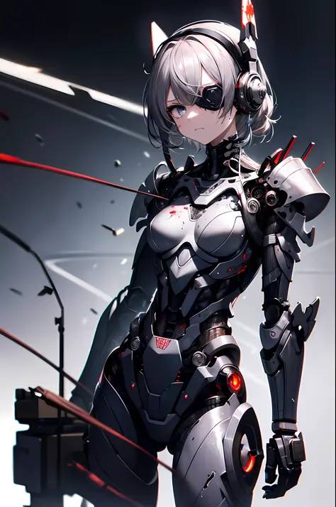 top quality, masterpiece, super detailed, very delicate 8k wallpaper, dramatic lighting, mechanical girl, gray hair, broken head...