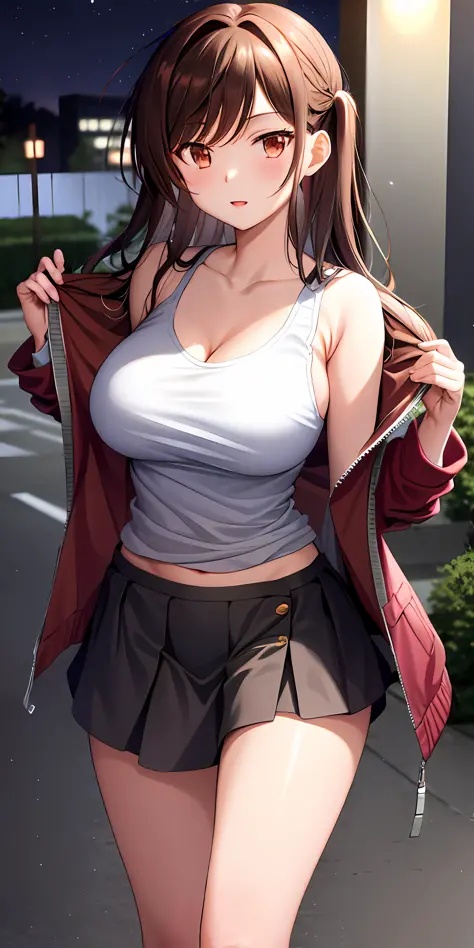 Chizuru, large breasts, thighs, unzipped jacket, tanktop, shoulders, skirt, night