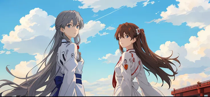 masterpiece, highest quality, delicate
eva final, 2 girls, twins, 1 souryu asuka langley, , 2 rei ayanami, blue eyes, sky, long ...