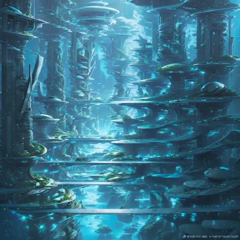 modern futuristic design large underwater city, futuristic underwater cityscape, a artificial waterfall and a pond with colorful...