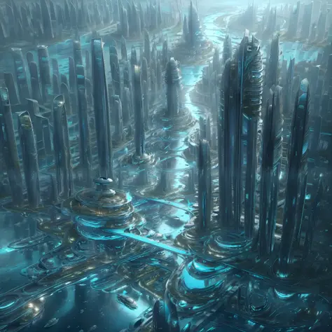 modern futuristic design large underwater city, futuristic underwater cityscape, a artificial waterfall and a pond with colorful...