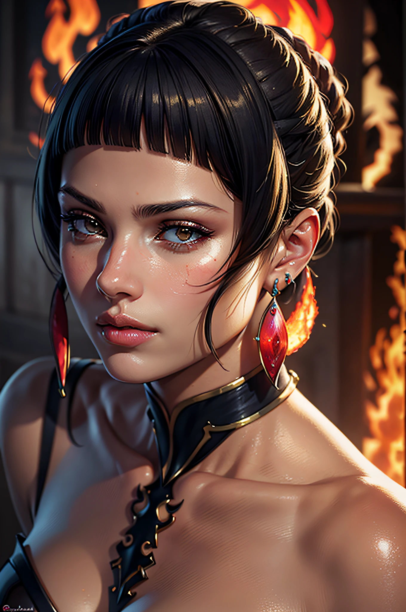 Best quality,masterpiece,ultra high res,(photorealistic:1.4)1girl,beautiful_face,detailed skin,full body,yuhuoshu,jewelry,solo,earrings,(fire:1.3),blurry,realistic,lips,