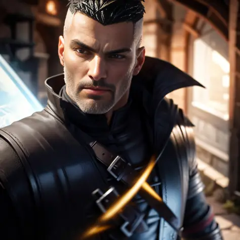 Create 1 wizard man, from The Witcher universe, strong, young, handsome, short black hair shaved on the side(dark hair), straigh...